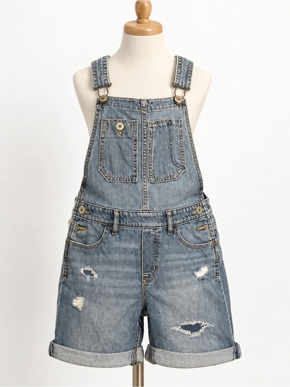 Gap Kids Girls Denim Shortalls Large 10 11 Distressed Jean Overalls 100% Cotton